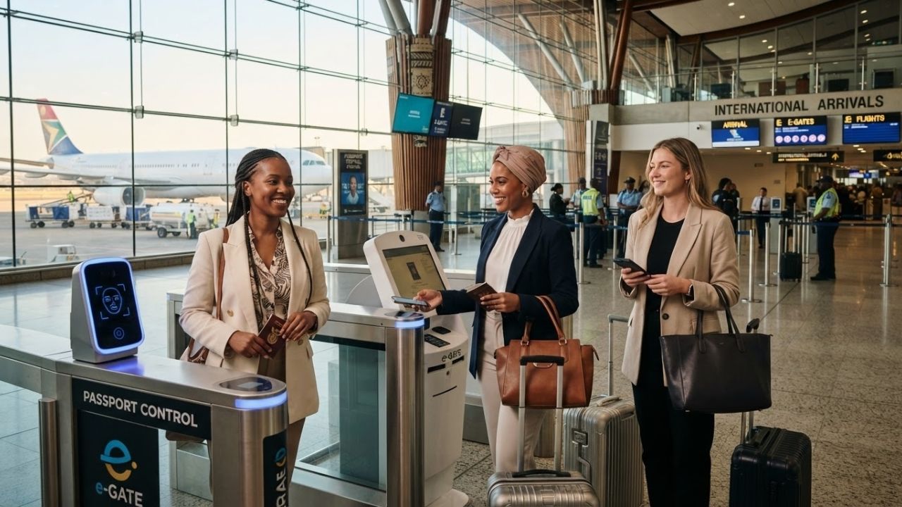 A biometric airport border check gate with facial recognition screen