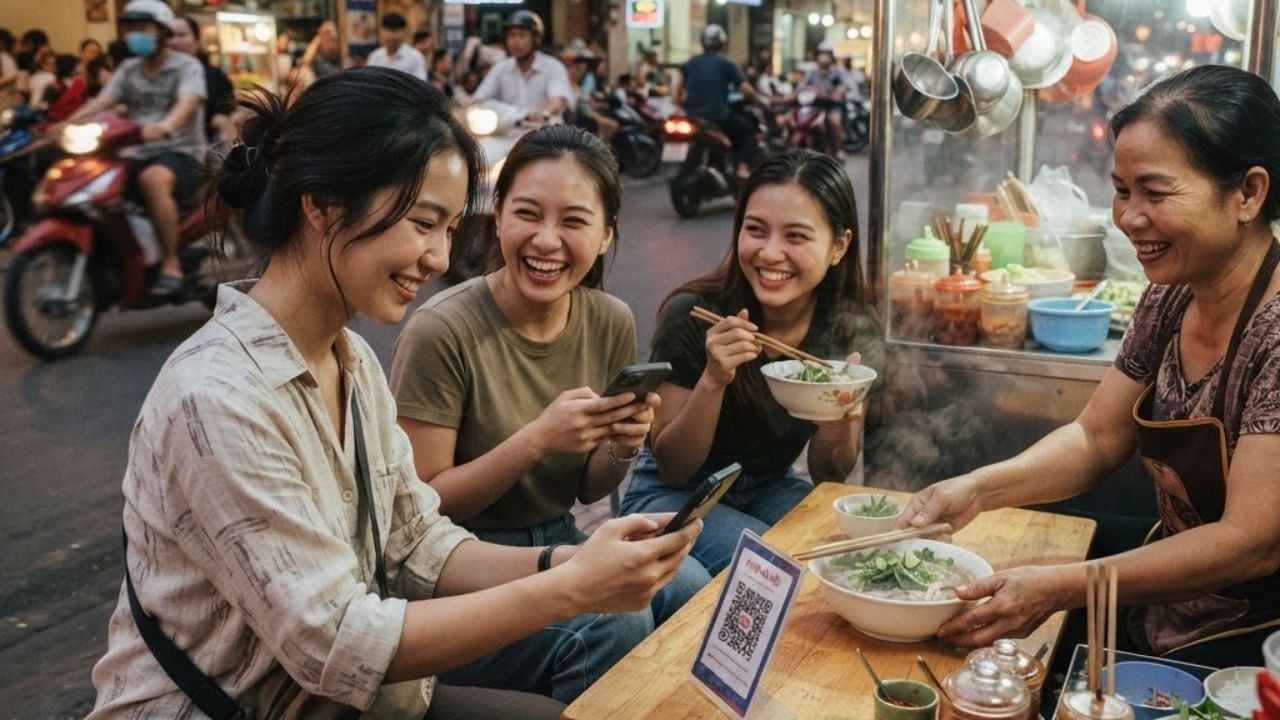 A traveler scanning a QR code with a smartphone at a street market counter.