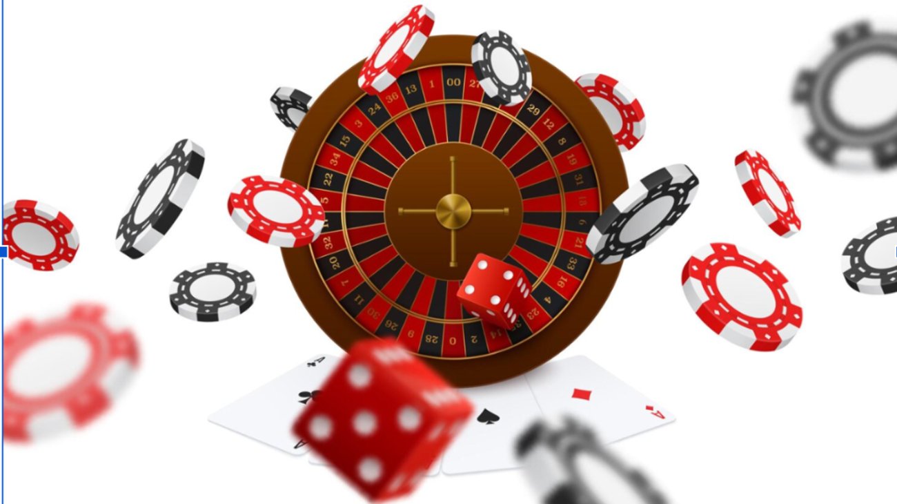 Floating roulette wheel with casino chips, playing card aces, and red dice on clean white background