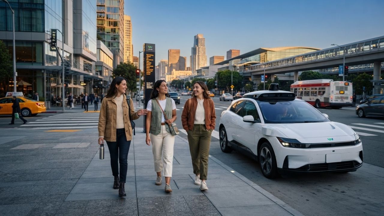 Autonomous robotaxis and AI smart travel mobility systems transporting international visitors across major city destinations
