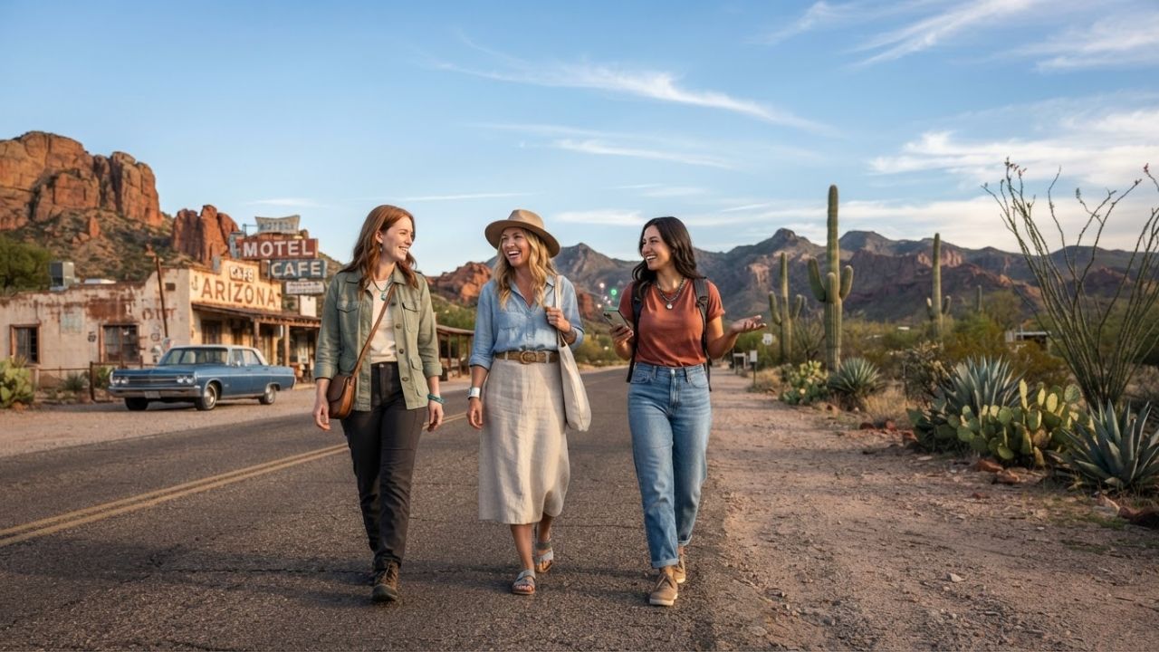 Scenic highway stretching across Arizona desert with digital connectivity overlays
