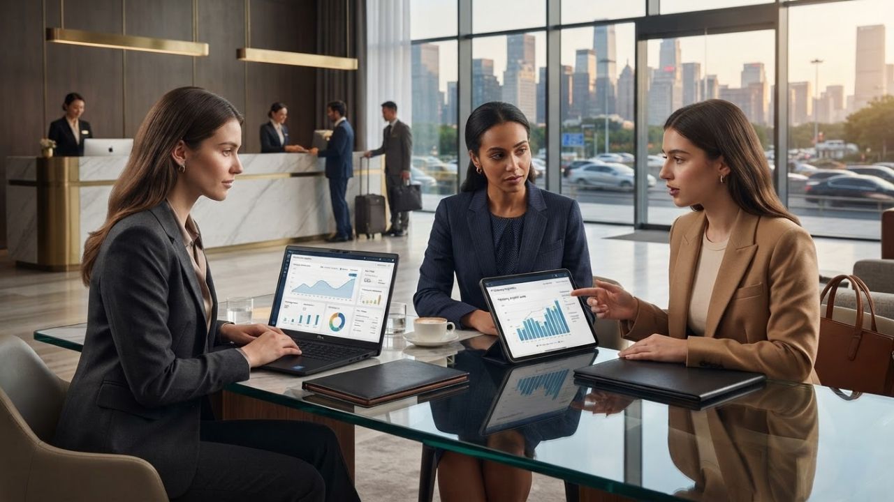 Modern luxury hotel lobby featuring digital revenue management and artificial intelligence interfaces