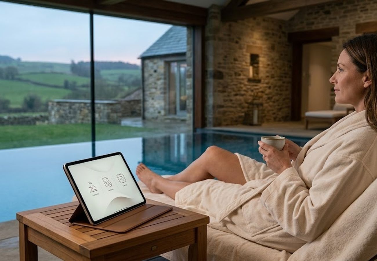 Modern hotel spa management interface showing booking calendars and revenue analytics