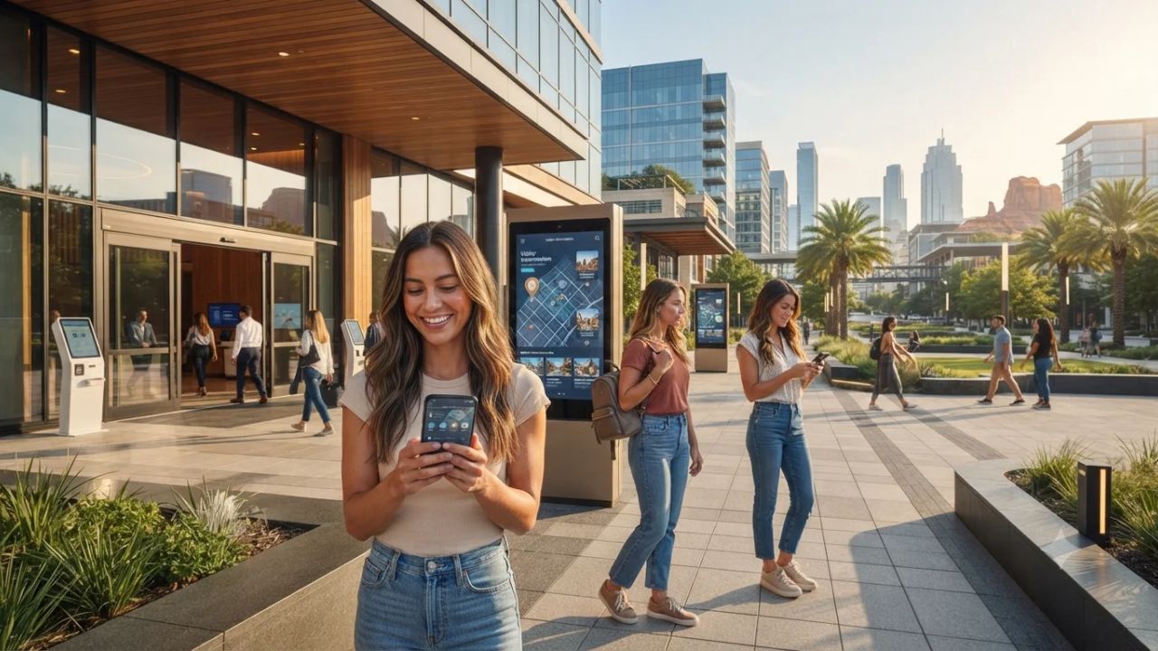 Modern smart hotel room and digital mobile travel interface with interactive city guide
