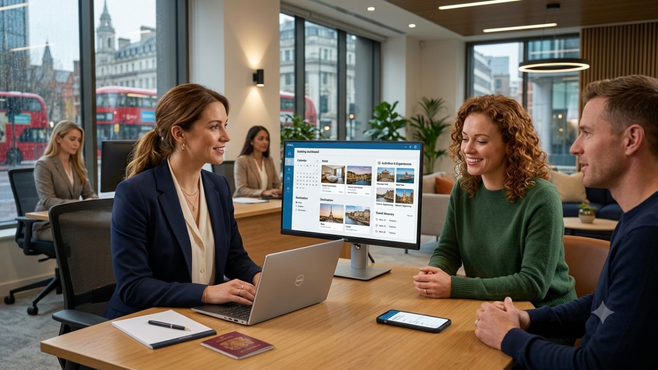 Travel agency consultant using digital booking technology and modern API interface