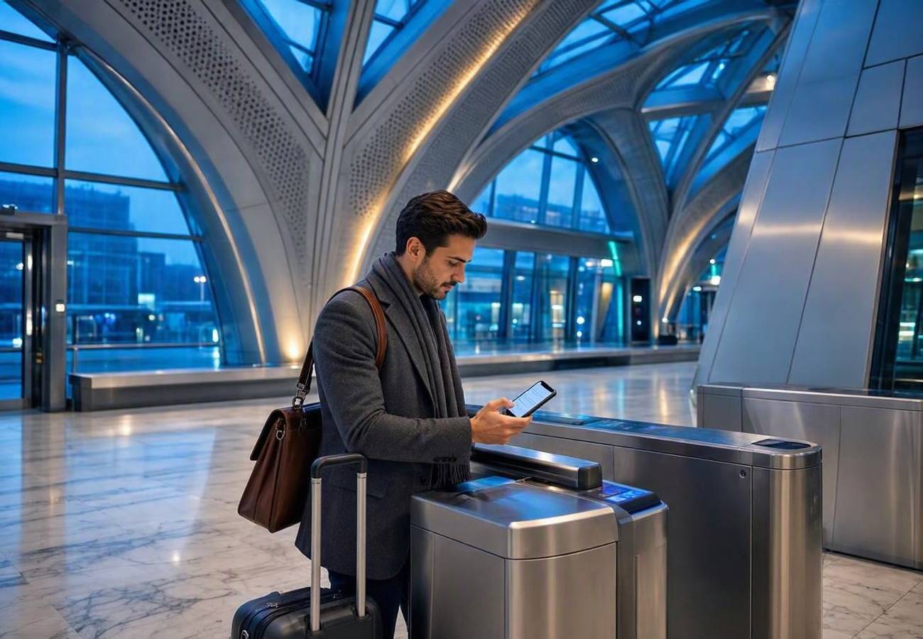 Modern digital interface showing AI travel planning and ticketing for Qatar