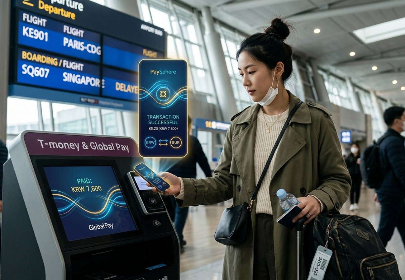 International traveler using smartphone for digital currency and cross-border payments at an Asian airport terminal