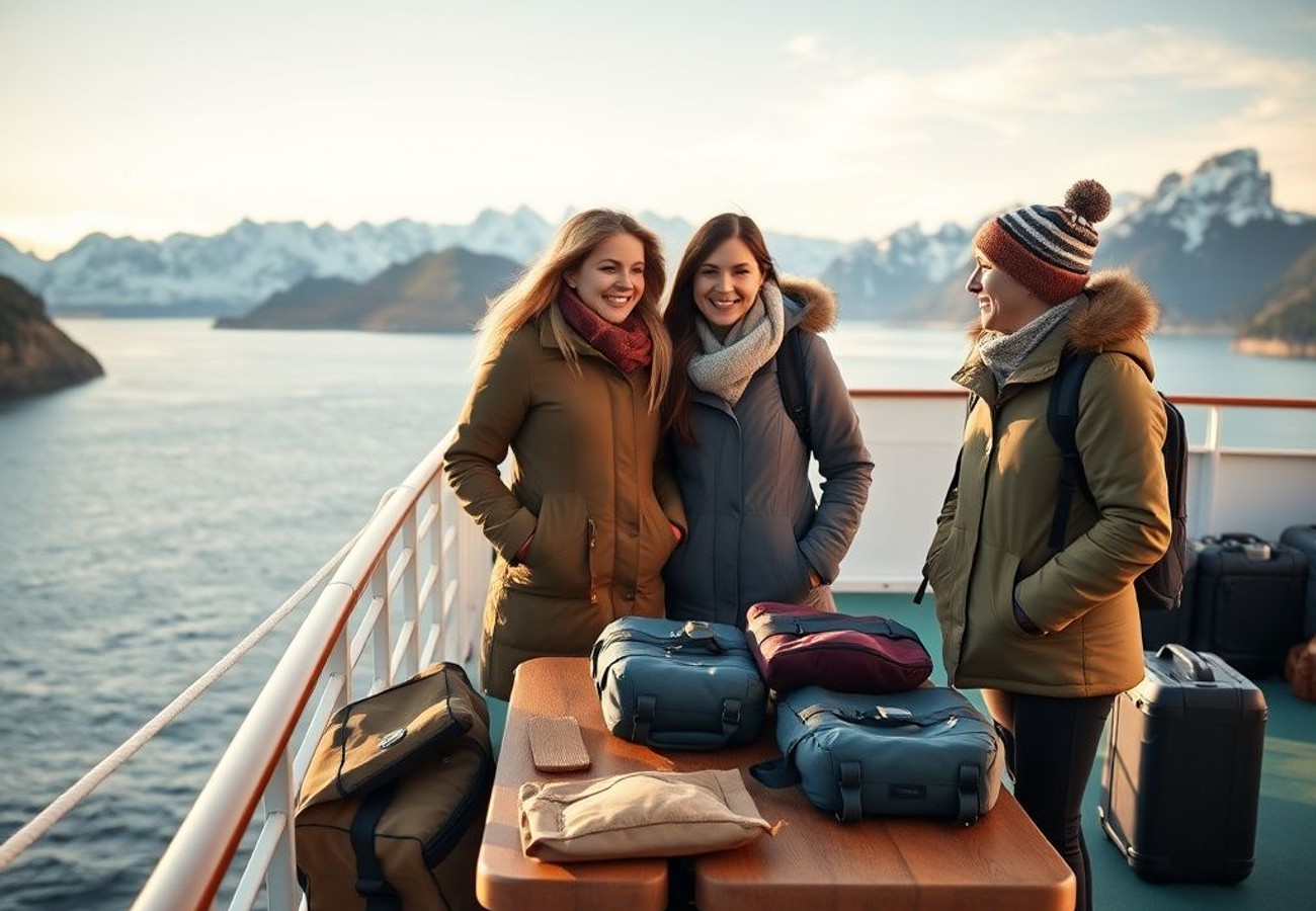Waterproof hiking boots and packable puffer jacket laid out for Alaska cruise packing