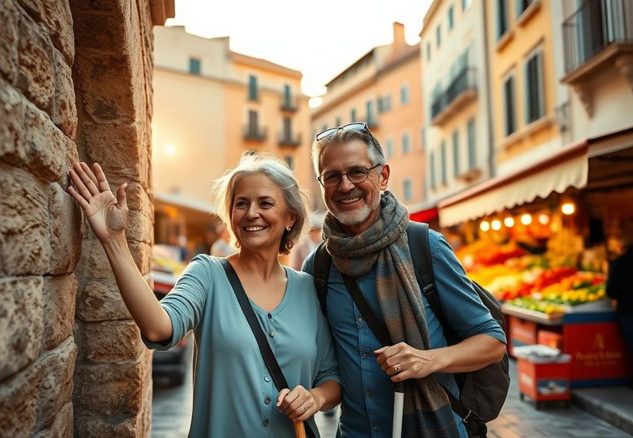 A blind traveler with a white cane exploring a vibrant marketplace, engaging with local culture and sensory-rich environments
