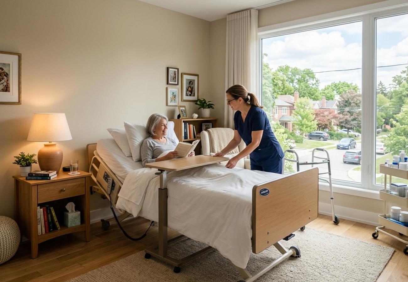 A modern fully electric hospital bed set up in a comfortable home care environment