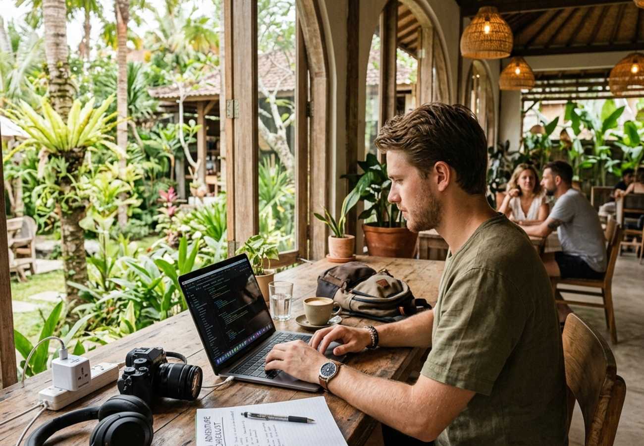 A digital nomad working in a cozy cafe representing remote work travel checklist
