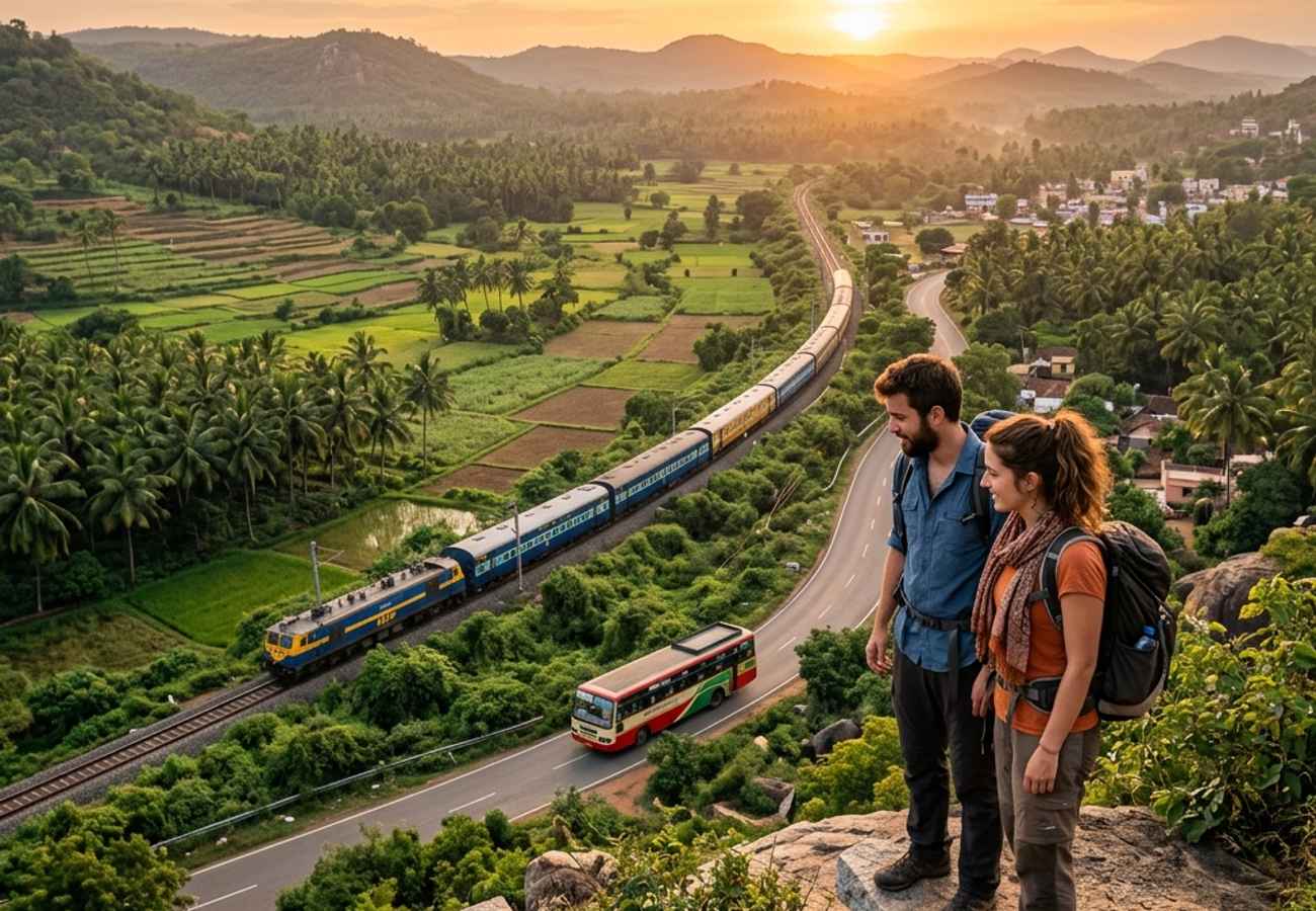 A train and a bus on parallel routes representing travel options in India