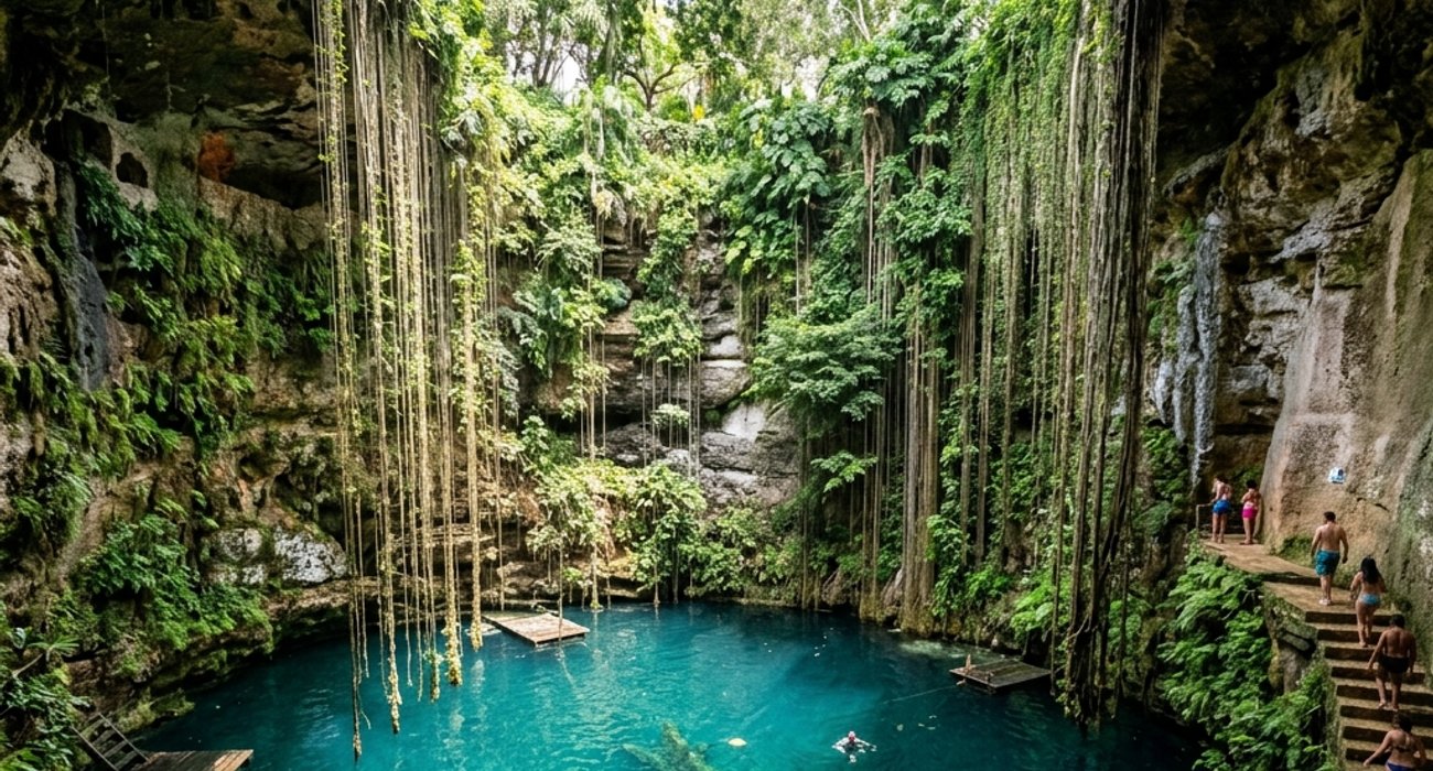 Natural freshwater cenote sinkhole with turquoise water and jungle vines near Cancun