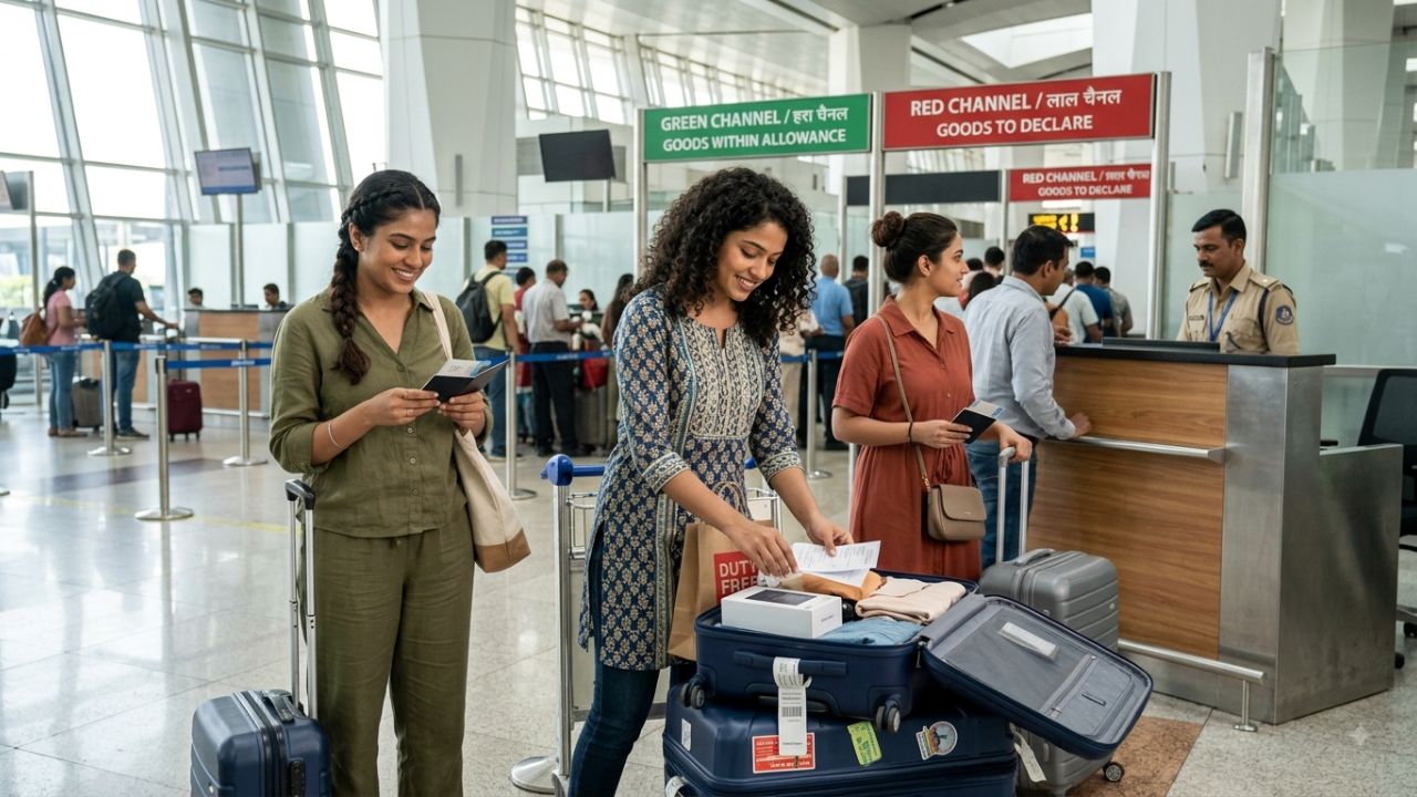 A traveller passing through Indian airport customs with green and red channel signage clearly visible in a modern international terminal