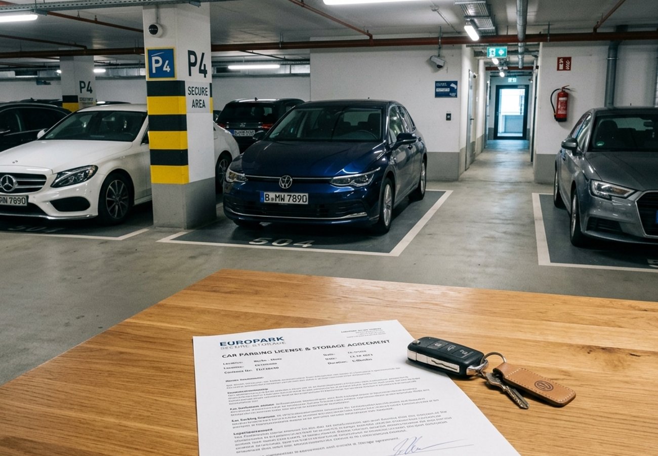 Car parked long-term in an overseas parking garage with legal agreement documents