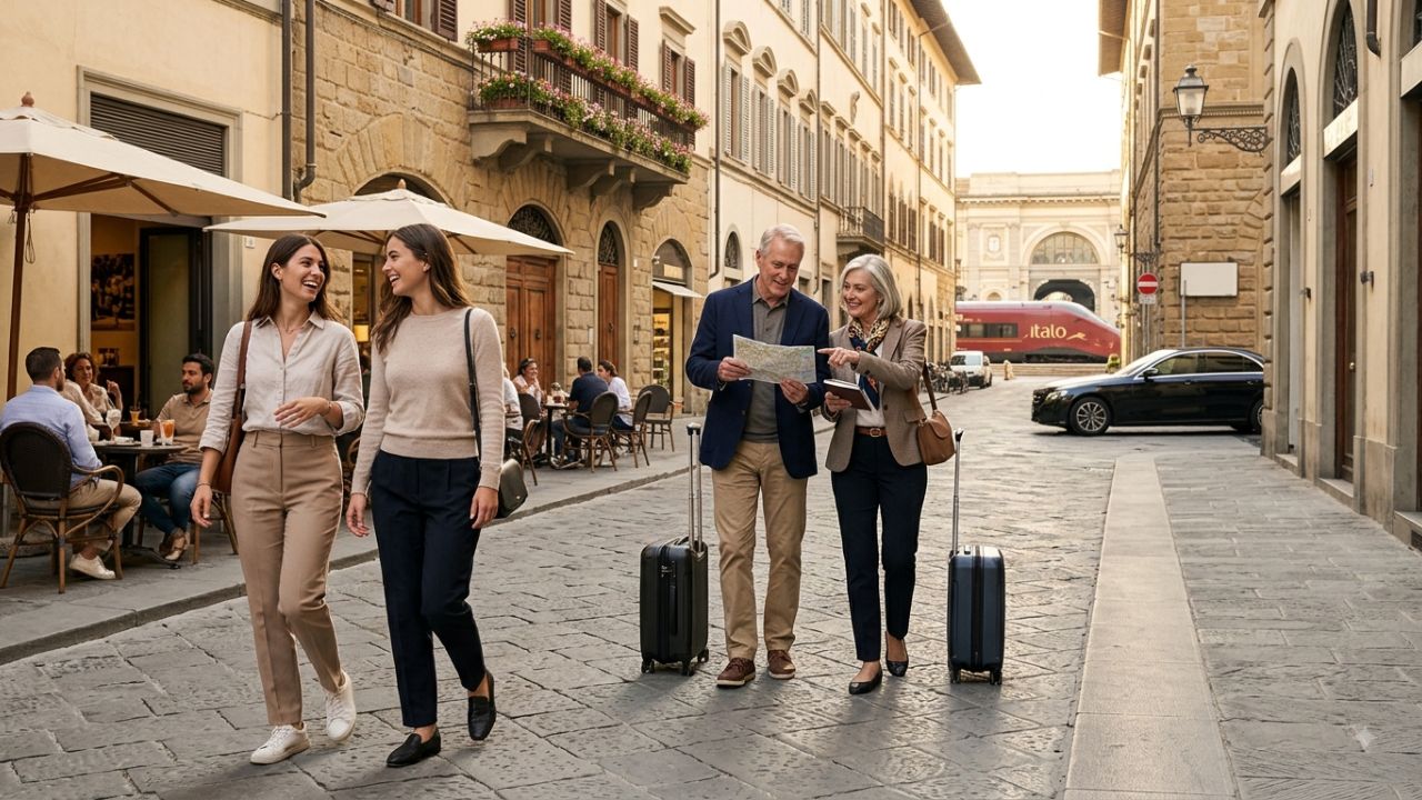 An older couple walking happily along a scenic historic European street during golden hour.