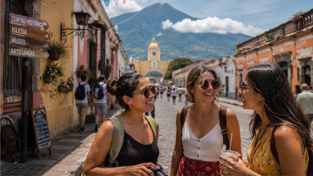 A female solo traveler overlooking the colorful streets of a historic colonial town.
