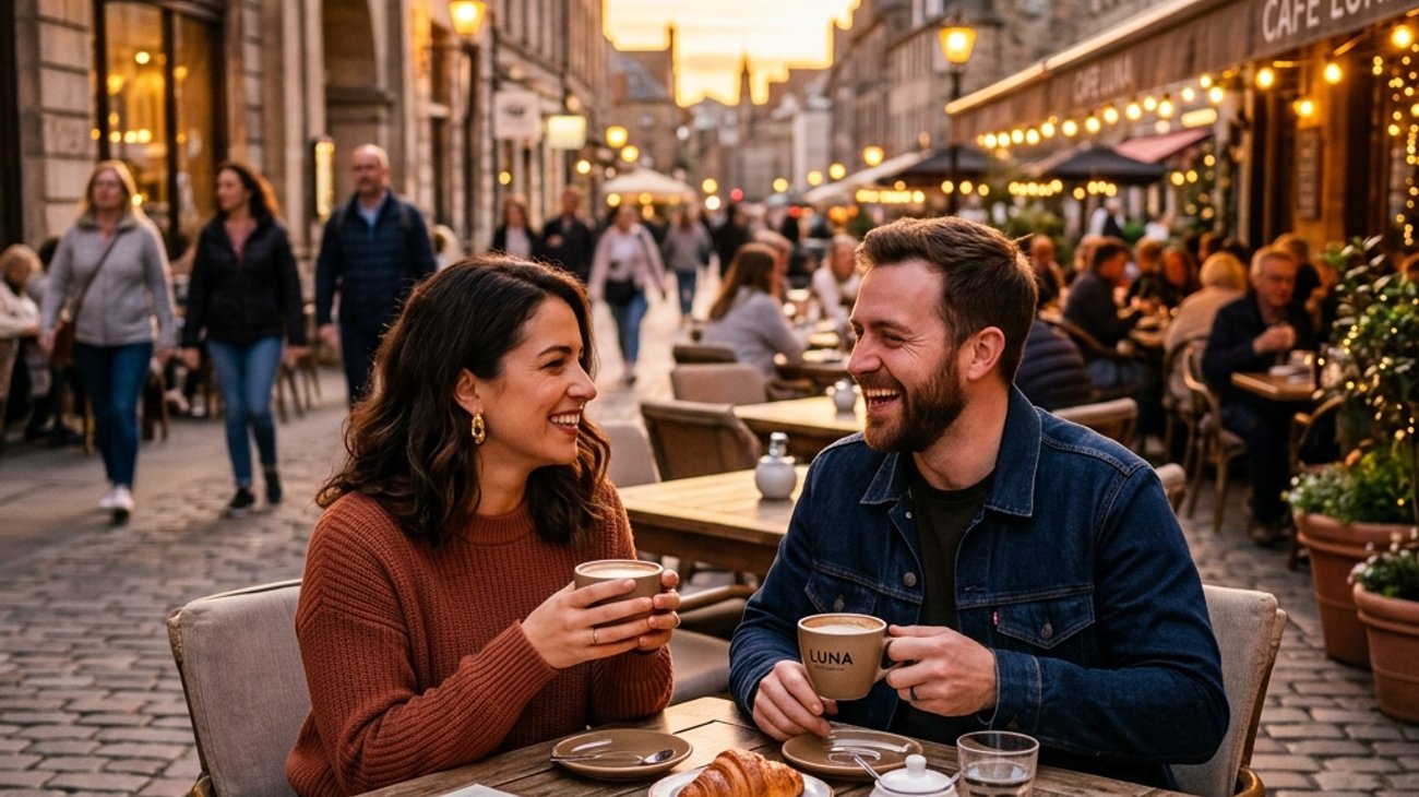 Two people sharing a coffee date at an urban cafe in a new city