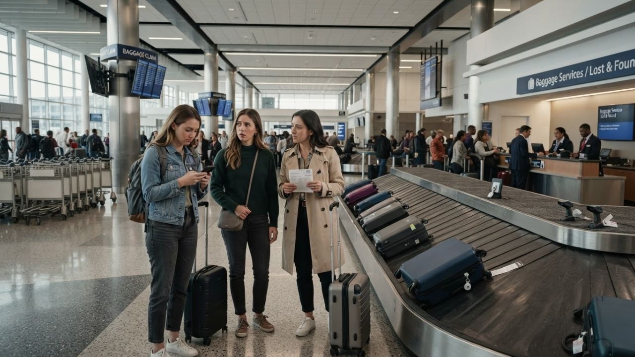 A traveler walking past a baggage claim carousel at a modern airport terminal