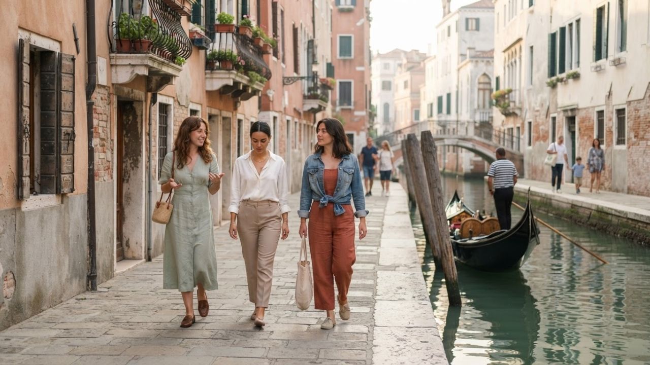 Venice canal street view showing the historic architecture and narrow pedestrian pathways where Italy enforces strict tourist behaviour rules including the €250 shirtless ban in 2026