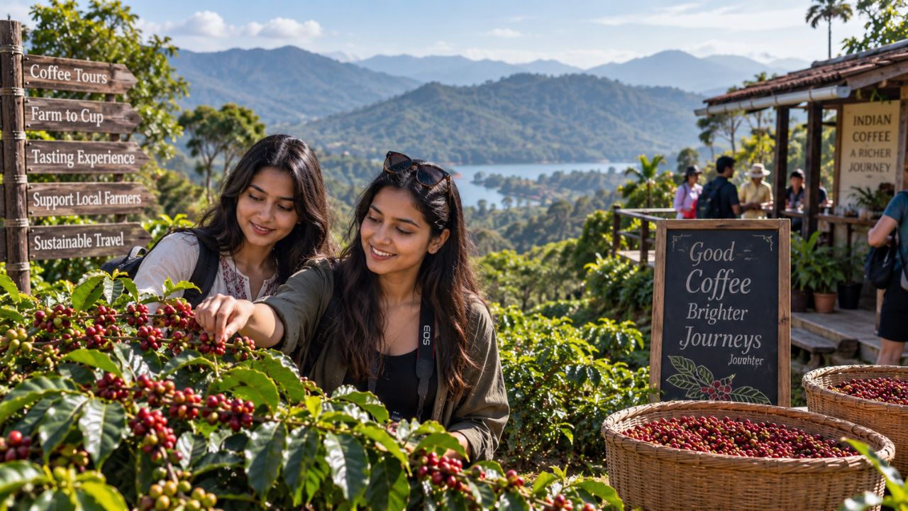 Coffee farmer harvesting ripe red coffee cherries on a high-altitude shade-grown plantation