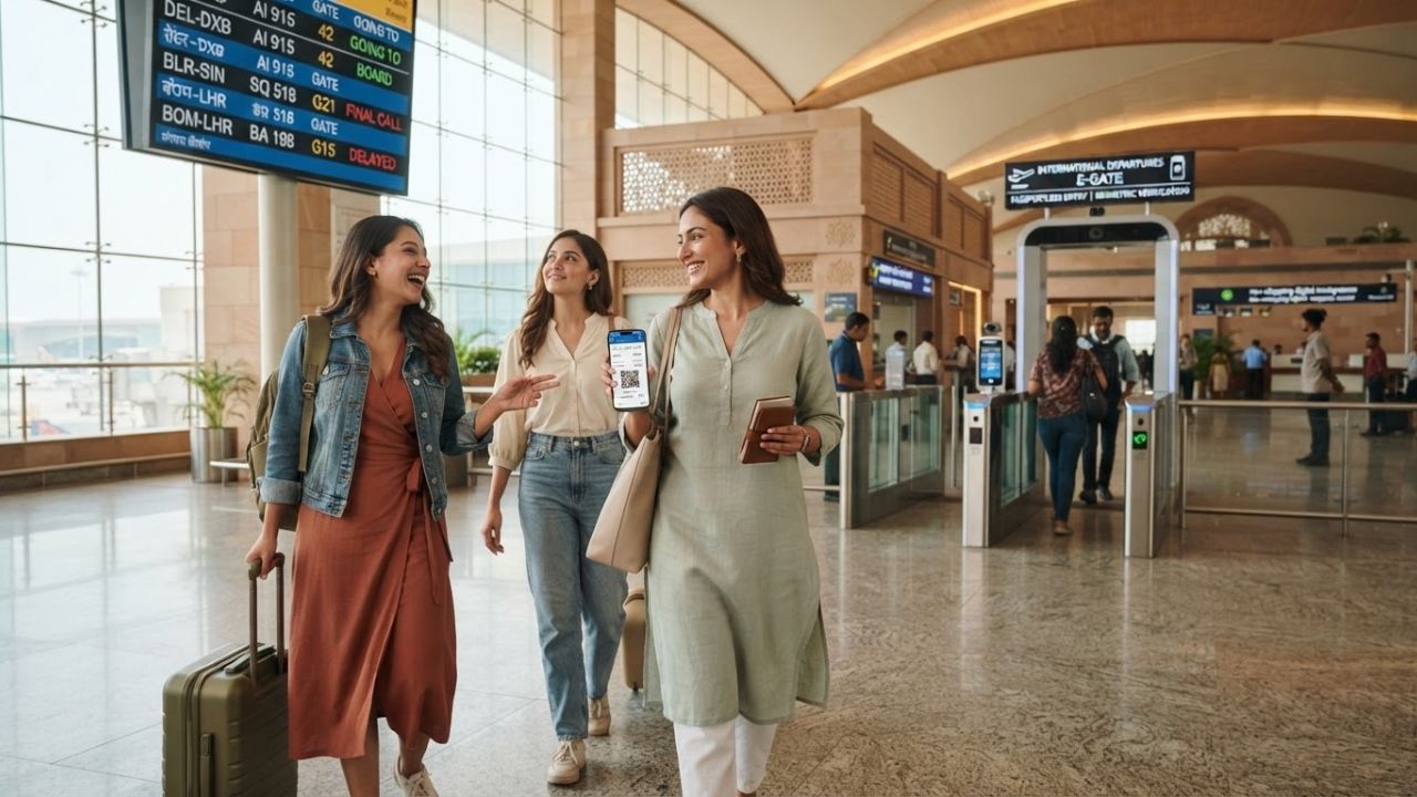 International traveler presenting smartphone digital boarding pass at airport immigration counter in India