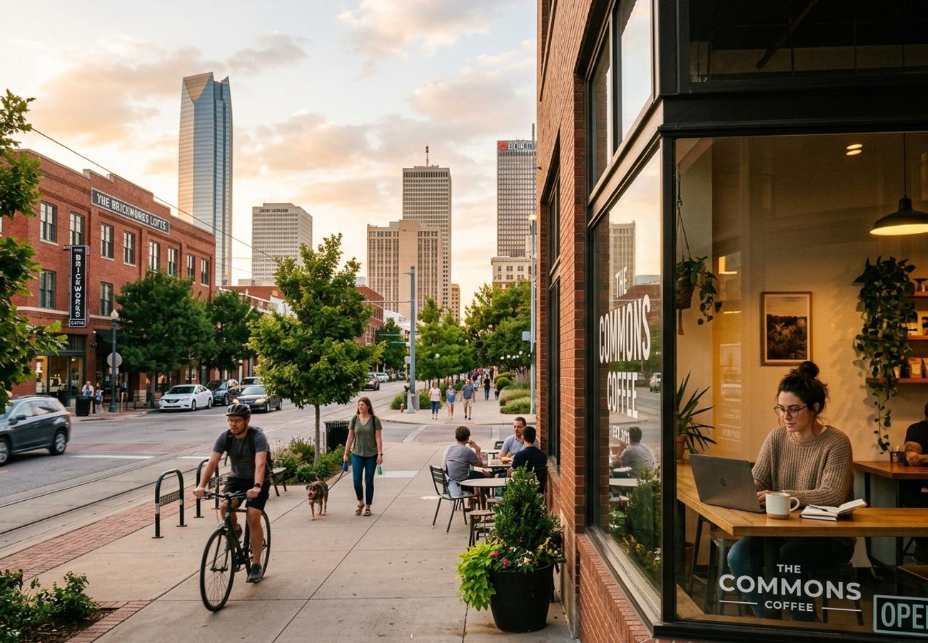 Remote worker working on laptop in downtown Oklahoma City café with urban skyline lofts and tree-lined street