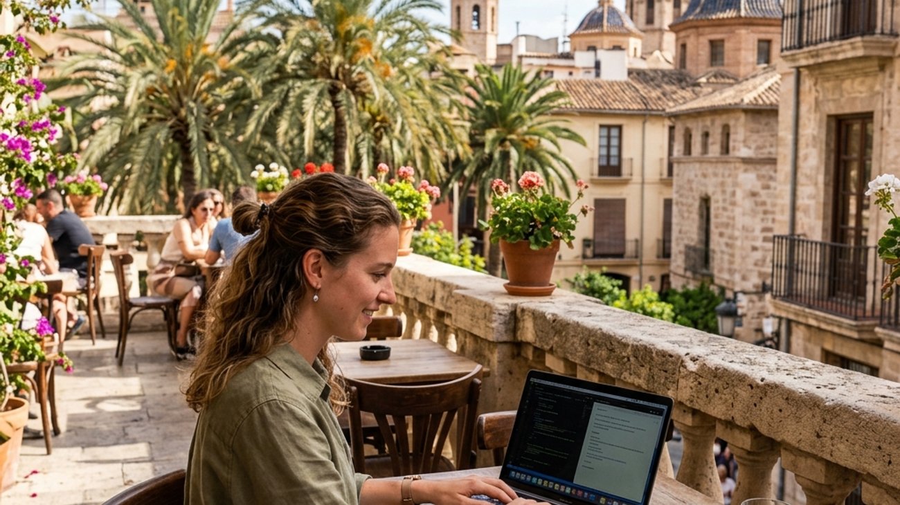 Digital nomad working on laptop at sunny outdoor terrace cafe in Spain