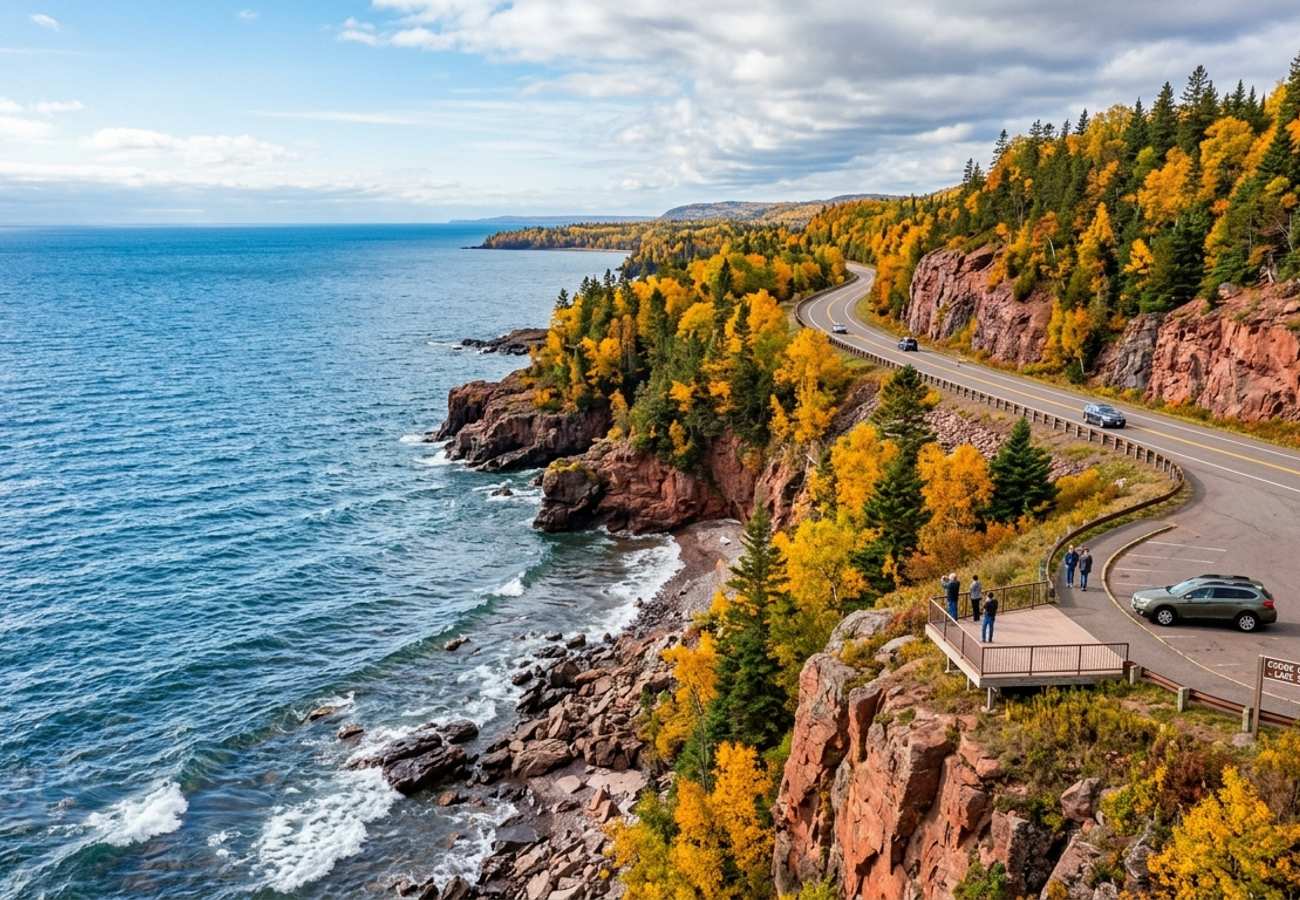 Lake Superior rugged cliffside highway and vibrant autumn shoreline