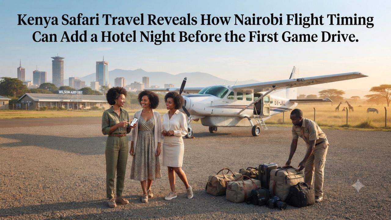 Safarilink bush plane parked at Wilson Airport Nairobi next to safari transfer vehicles