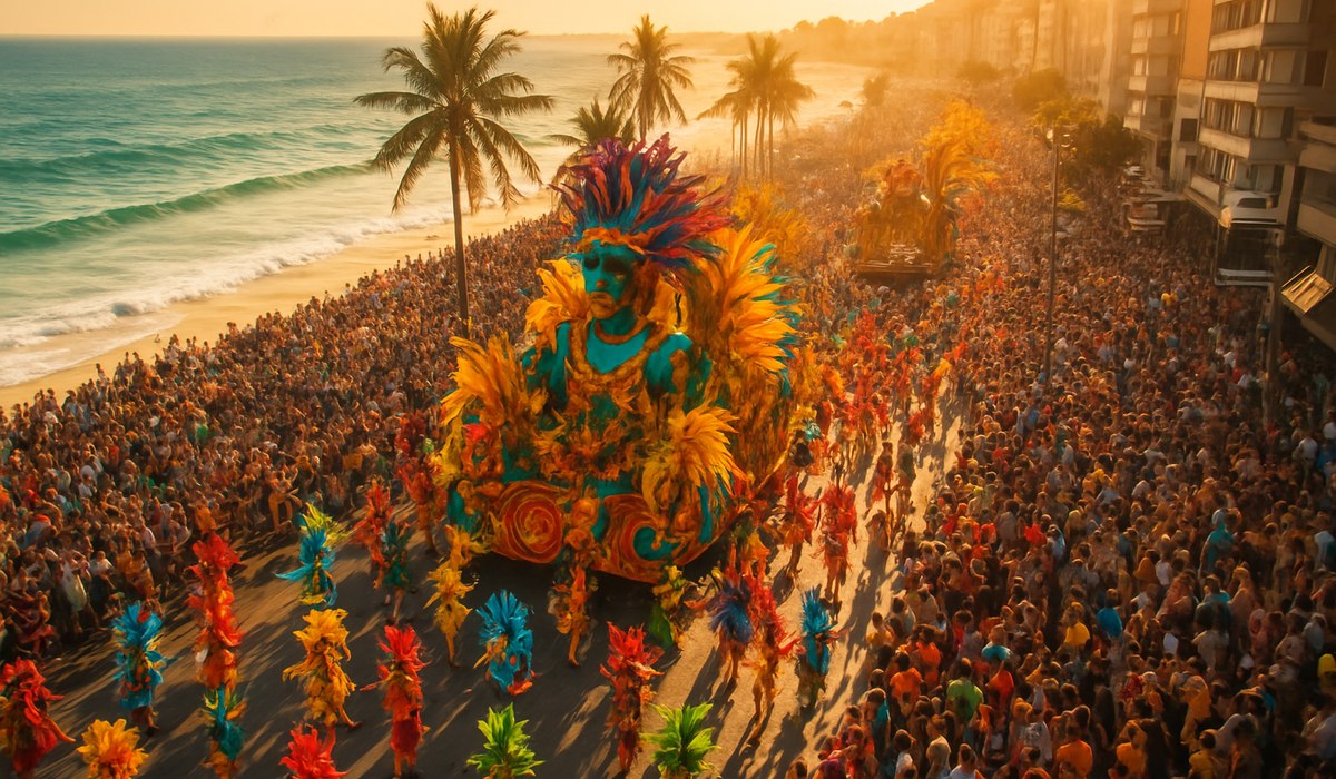 Aerial view of colorful street festival celebrations in Rio de Janeiro, Brazil during April 2026