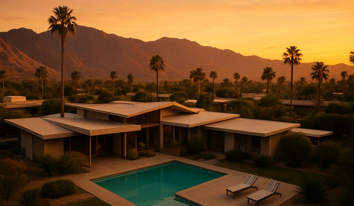 Palm Springs modernist architecture with palm trees and desert mountains, 2026