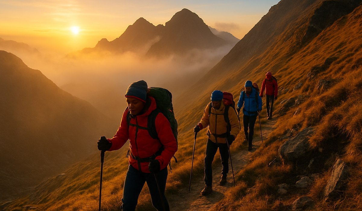 Indian trekkers hiking through mountain trails in Himalayas, summer 2026