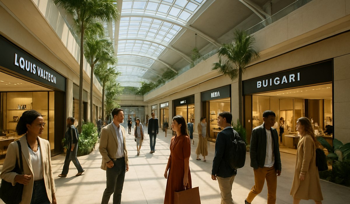 Luxury retail terminal in Southeast Asia with modern shopping displays, 2026