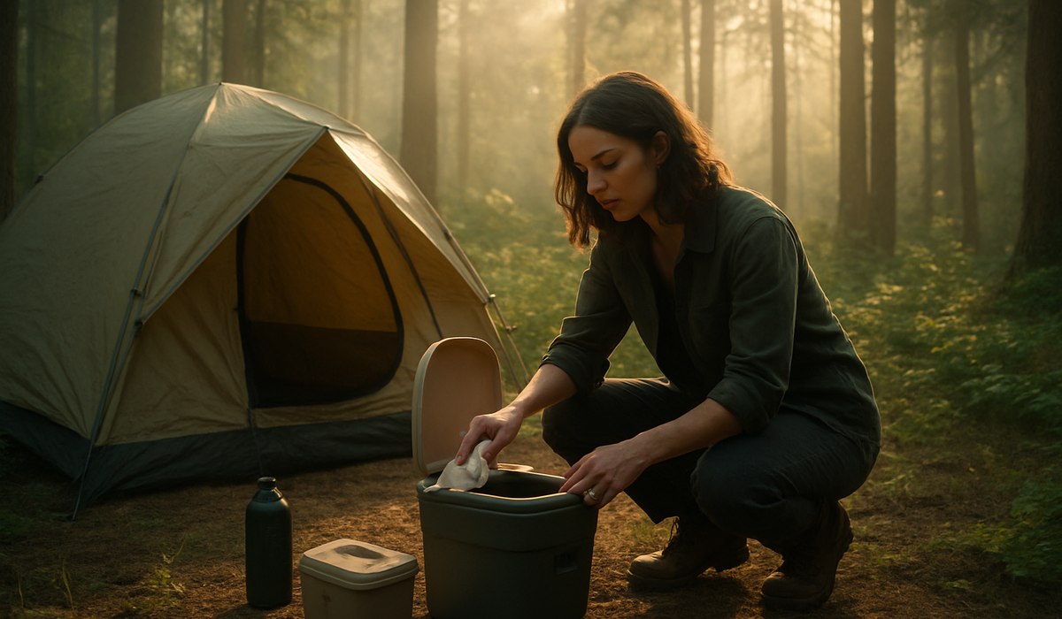 Woman camper using eco-friendly bathroom camping gear in backcountry wilderness, 2026