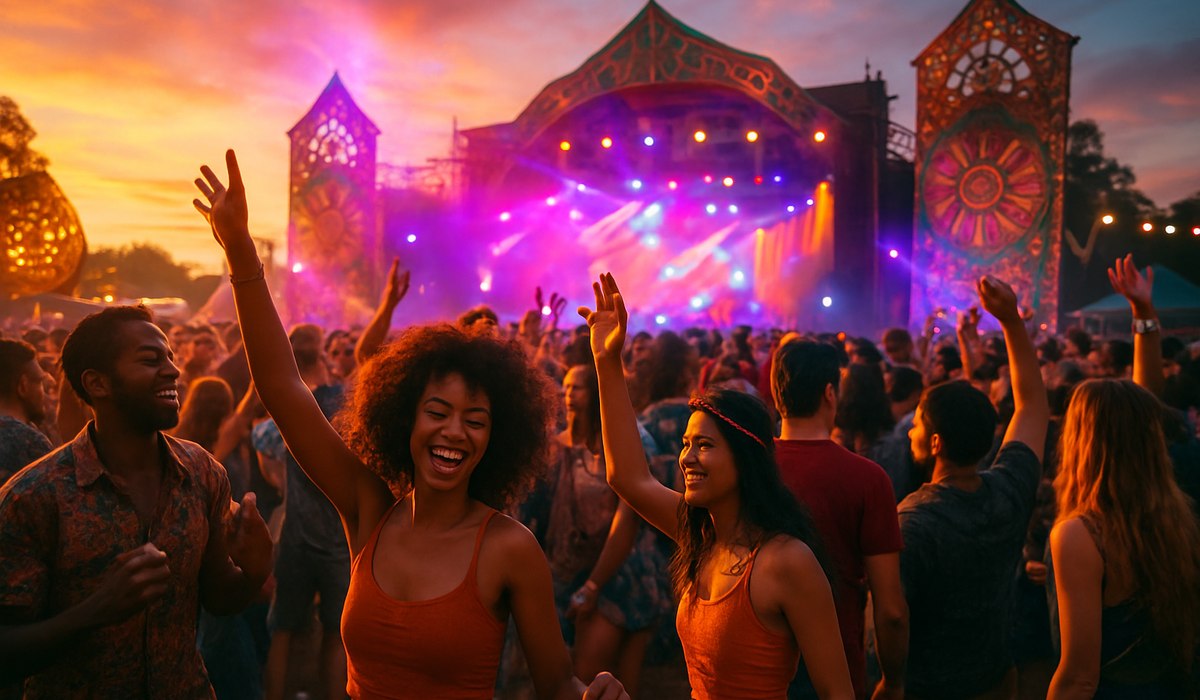 Indian tourists enjoying music festival performance at international destination, 2026