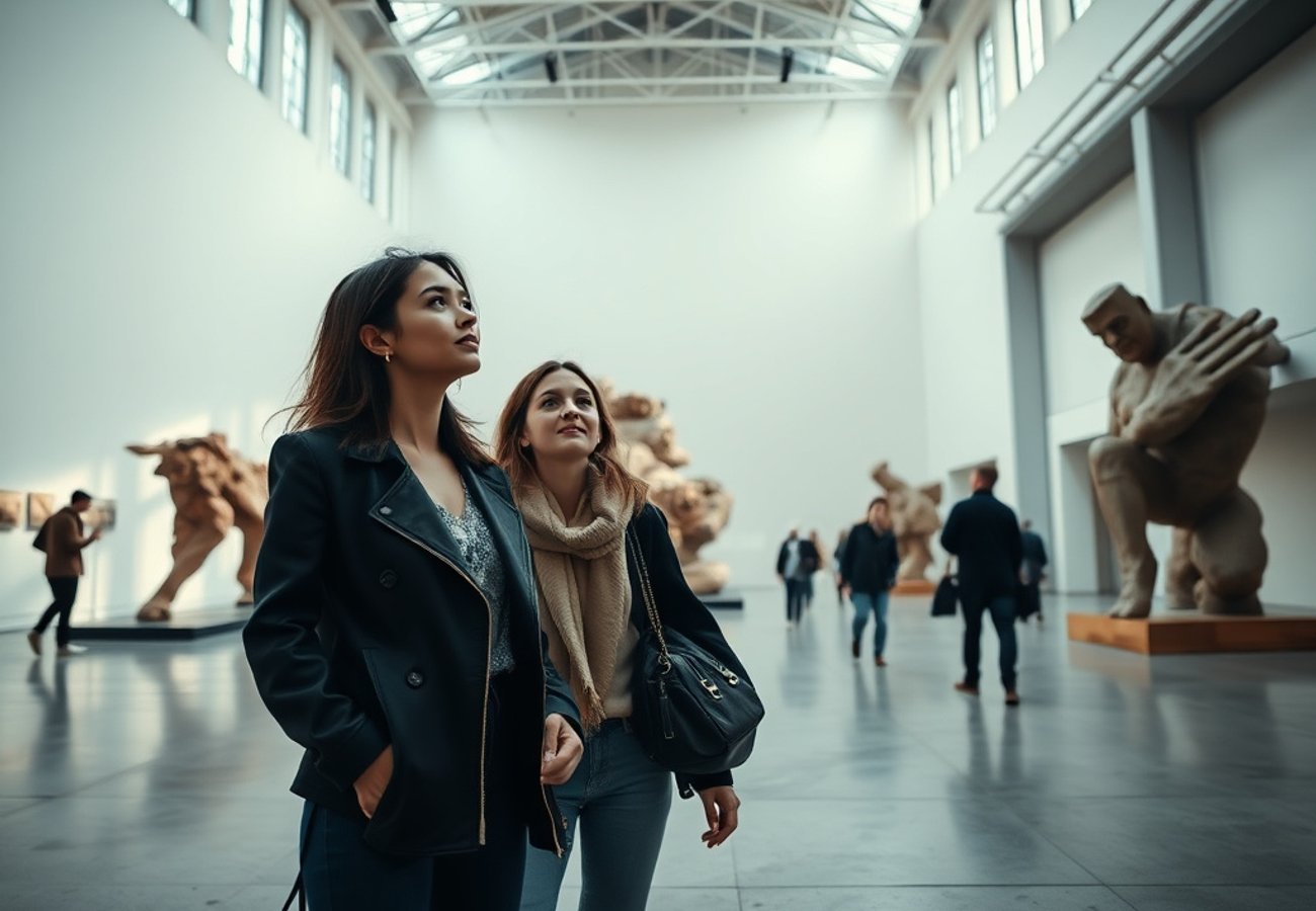 Gallery visitors viewing contemporary art installations in a white-walled exhibition space