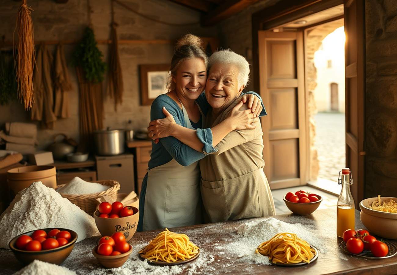An elderly Italian grandmother teaching pasta-making to international travelers in a Rome cooking class