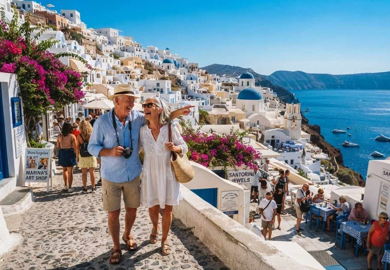 Aerial view of Greek islands and Mediterranean coast during peak summer season