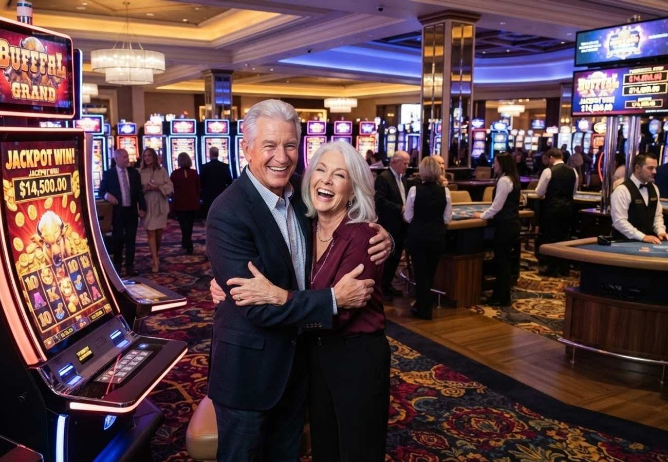 Modern casino gaming floor with slot machines and table games