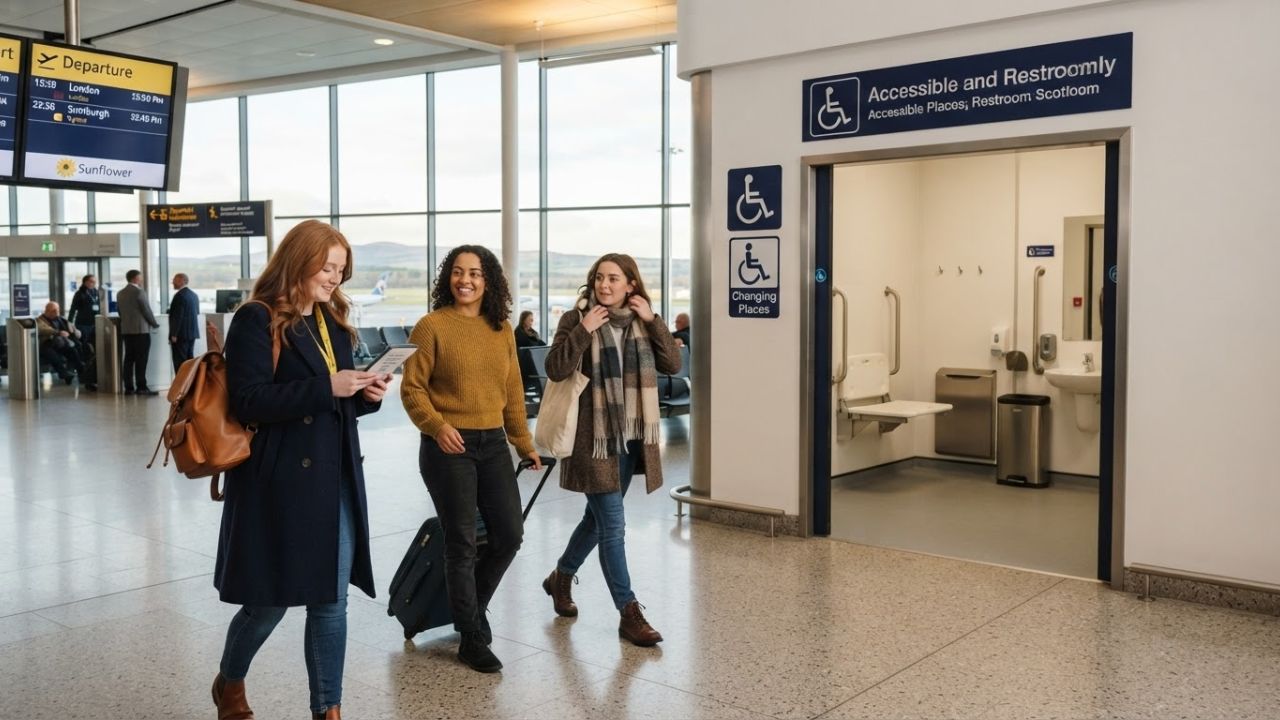 A clean modern airport terminal hallway leading to passenger amenities and signposts.