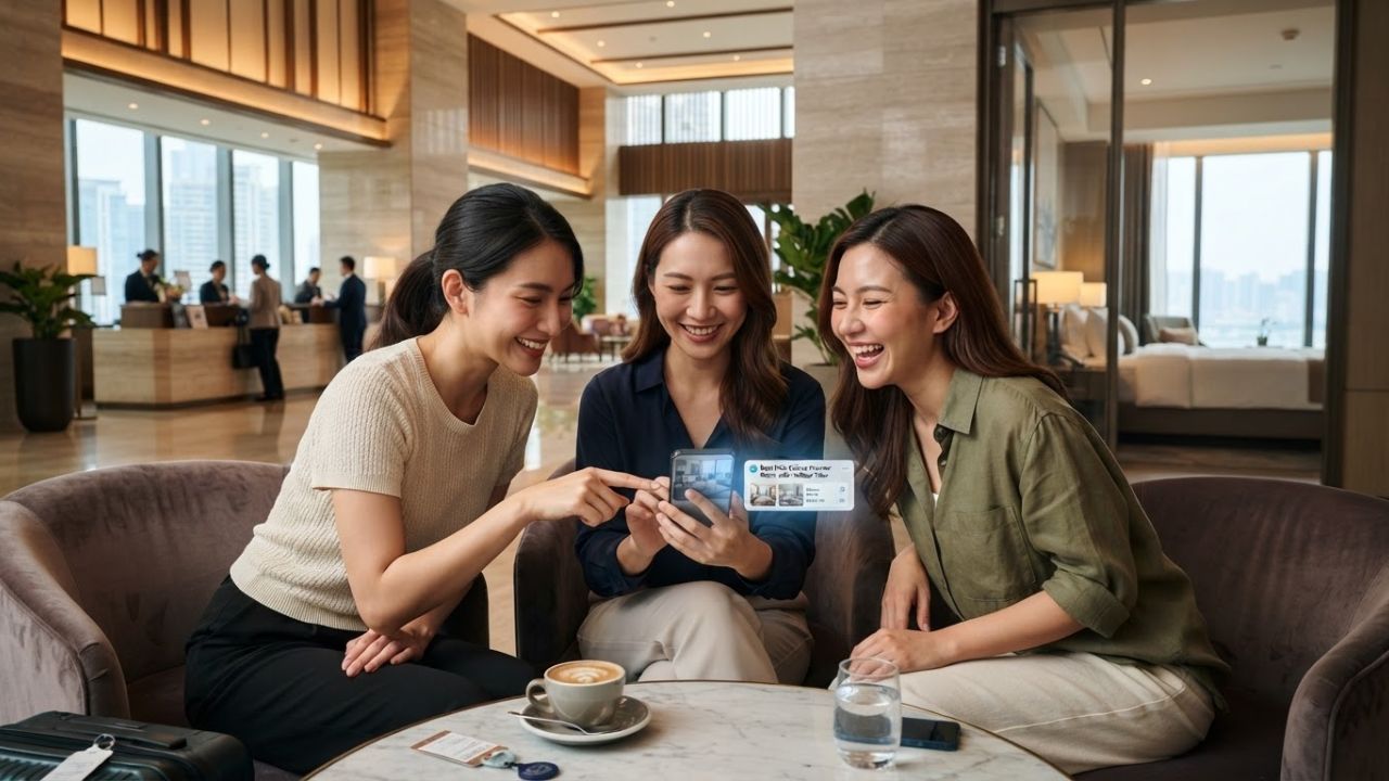 A traveler using a smartphone to book a hotel room using a smart AI chat interface