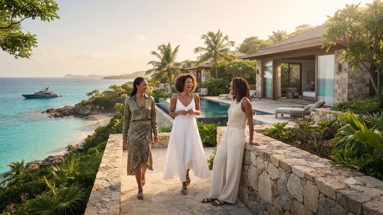 A luxury infinity pool overlooking a pristine sandy beach and turquoise waters in Antigua.