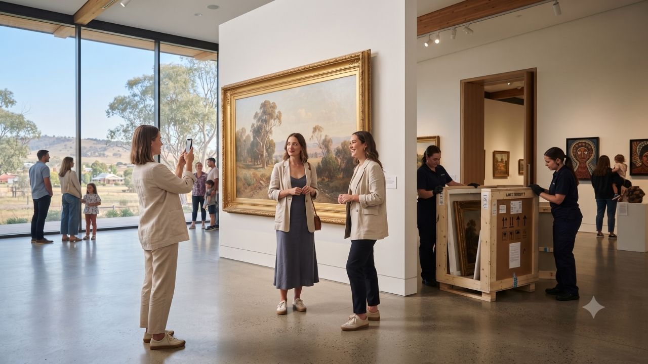 Visitors viewing high-value classical and contemporary paintings inside a modern regional Australian art gallery.
