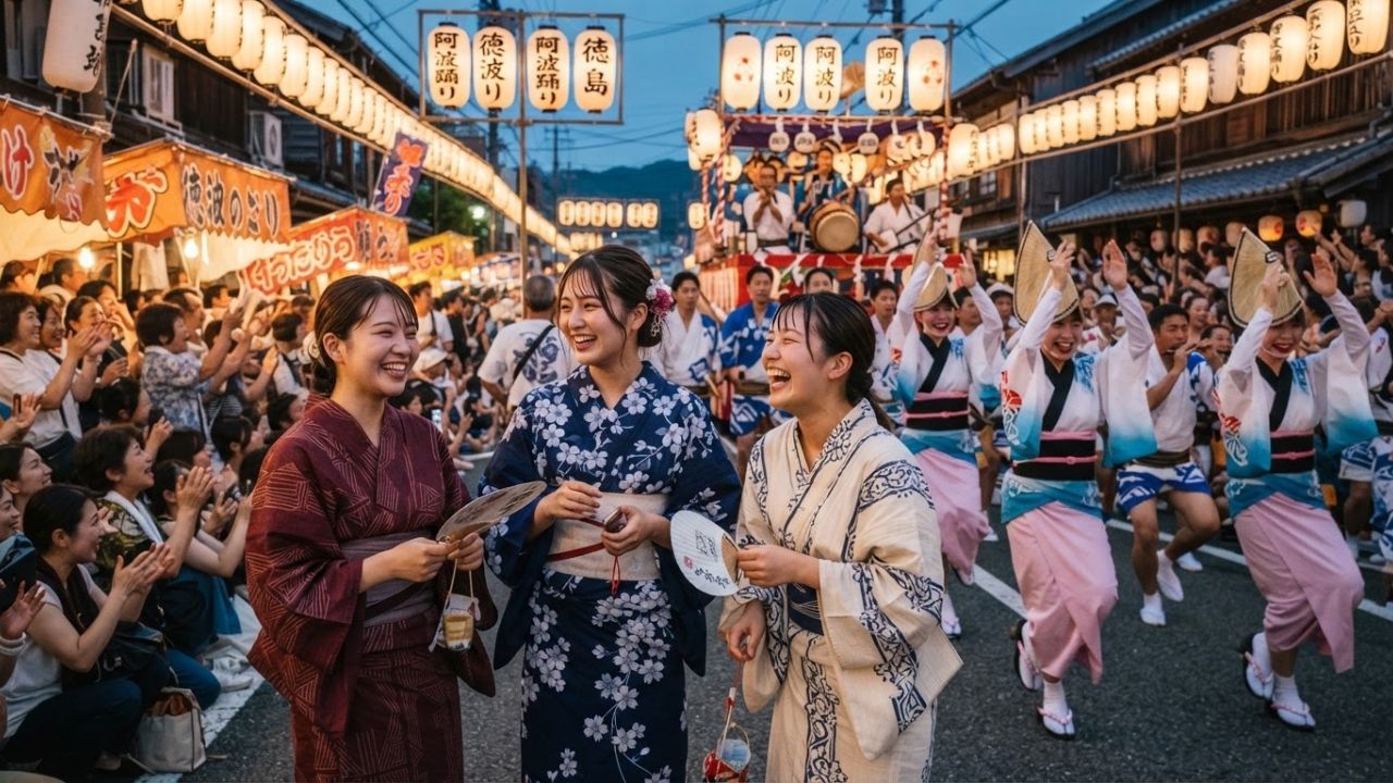 Dancers in traditional yukata and straw hats dancing under street lanterns at night.