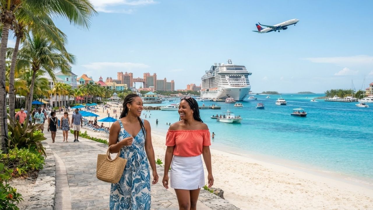 A scenic view of Nassau cruise port with large luxury cruise ships docked near white-sand beaches.