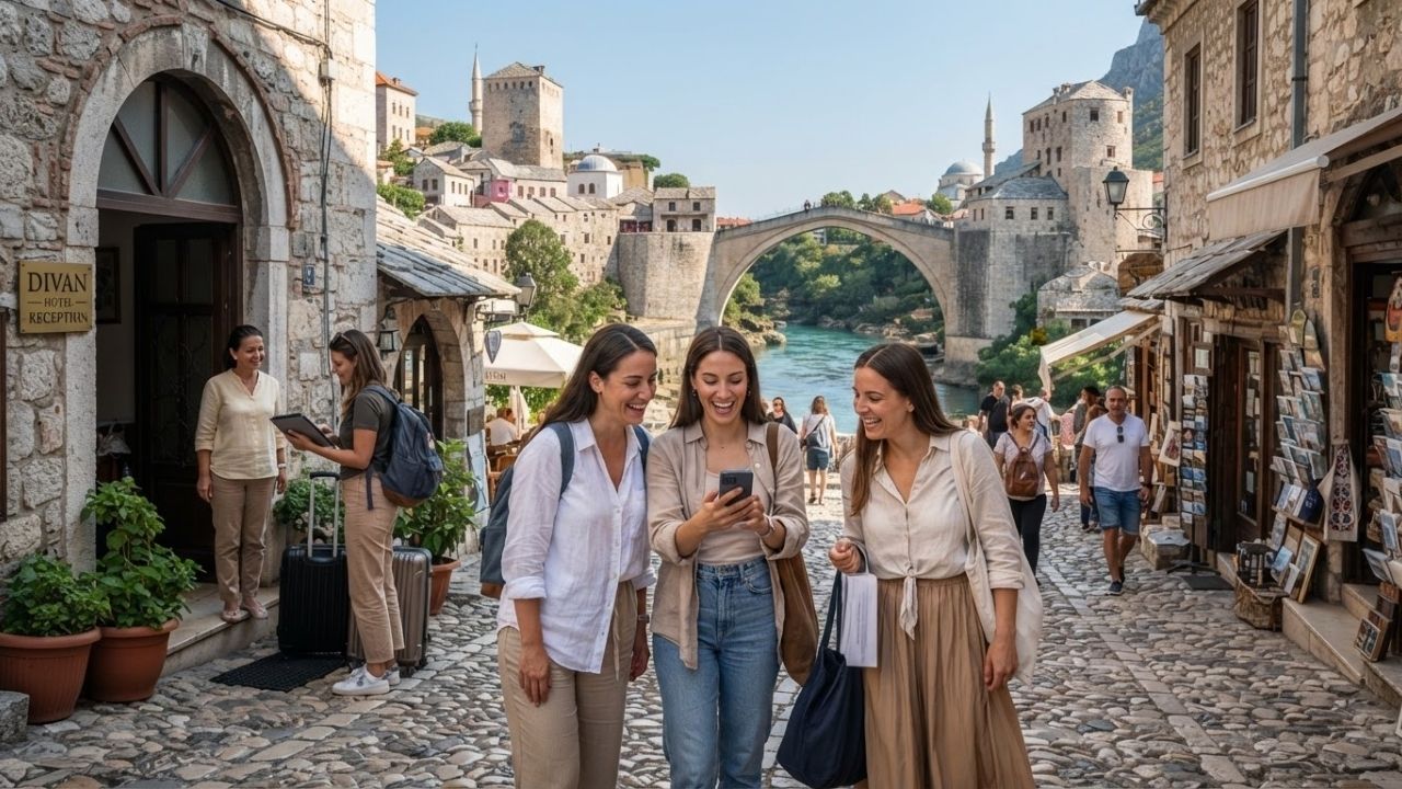 A scenic view of the historic Stari Most bridge in Mostar, Bosnia and Herzegovina.