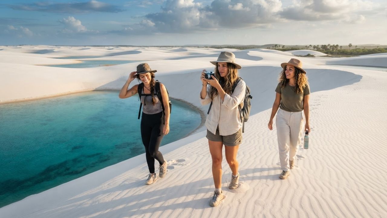 A beautiful view of a tropical lagoon nestled among towering white sand dunes in Brazil.