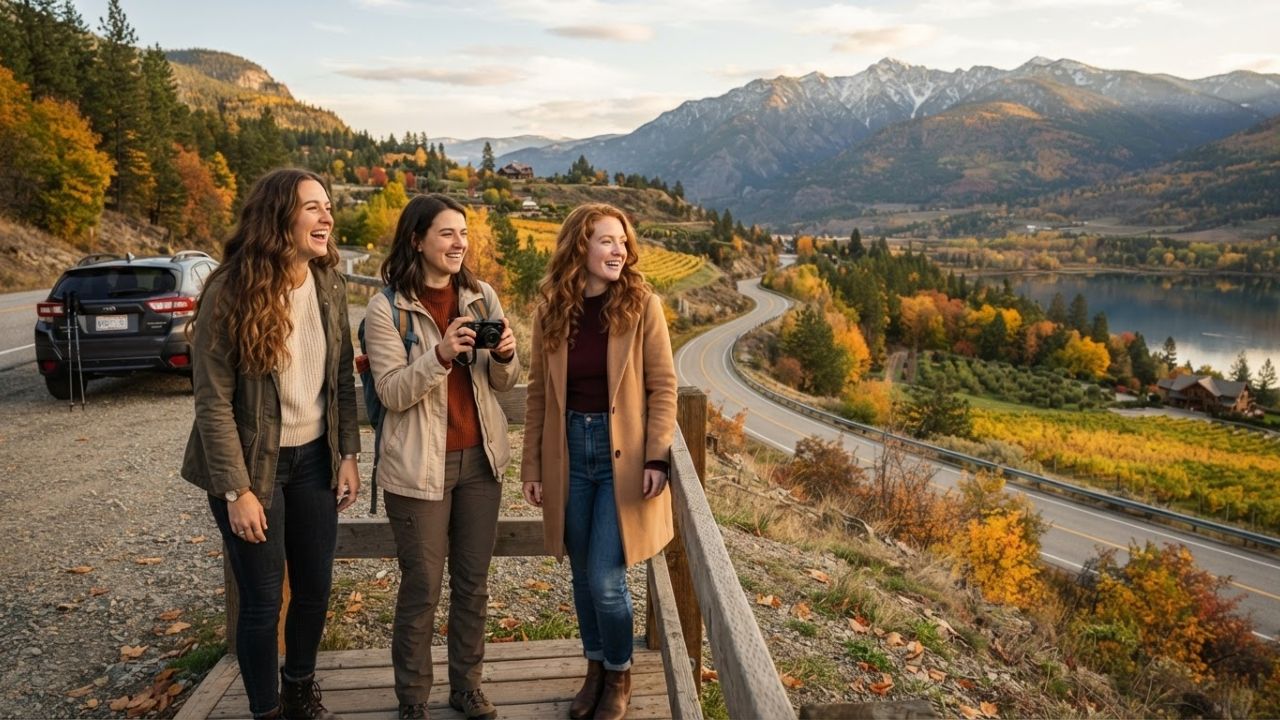 A scenic view of a quiet lake in British Columbia bordered by golden autumn trees and snow-capped mountains.