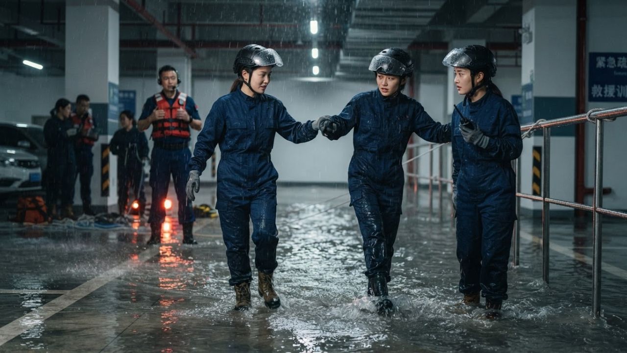 A disaster simulation chamber with high winds and water mist spraying on people in protective gear